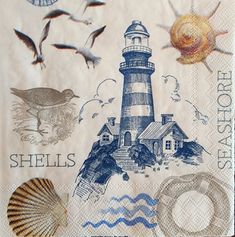 a napkin with seashells and lighthouse on it