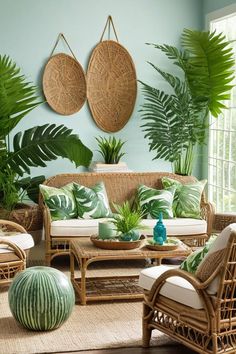 a living room with wicker furniture and tropical plants on the wall behind it,