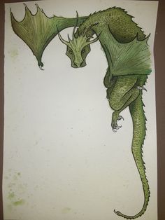 a drawing of a green dragon with wings