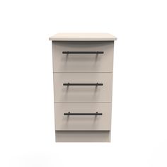 three drawers with black handles on each side and two shelves above them, in front of a white background