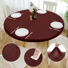 the table is set with white plates and place settings for four people to eat at