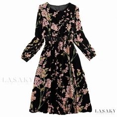 Lasaky - Sensual Revival Maxi Dress with Long Sleeve and Intricate Details Elegant Black Long Sleeve Floral Dress, Elegant Black Printed Floral Dress, Black Floral Print Maxi Dress For Winter, Black Bohemian Dress For Winter, Winter Black Maxi Dress With Floral Print, Elegant Floral Print Winter Dress, Elegant Floral Print Maxi Dress For Winter, Elegant Floral Print Winter Maxi Dress, Elegant Winter Floral Print Maxi Dress