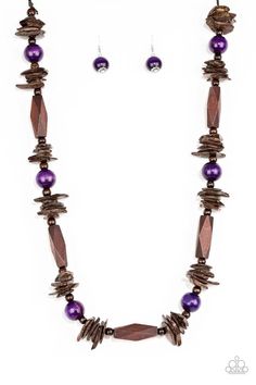 Featuring round, faceted, and distressed finishes, mismatched brown wooden beads are threaded along shiny brown cording. Vivacious purple wooden beads trickle between the earthy accents, adding a colorful finish to the summery palette. Features an adjustable sliding knot closure. Sold as one individual necklace. Includes one pair of matching earrings. Sliding Knot Closure, Faceted Bead Necklace, Purple Necklace, Wooden Necklace, Wood Necklace, Paparazzi Accessories, Cozumel, Paparazzi Jewelry, Dream Jewelry