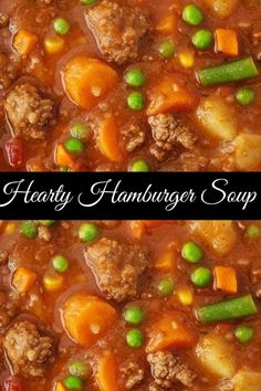 two pictures of meaty hamburger soup with peas and carrots