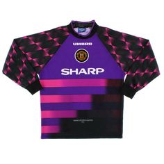 a purple and black soccer jersey with the word sharp on it's chest, in front of a white background