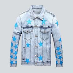 Achieve effortless vibe with our Y2K-inspired Blue Stars Light Denim Jacket from the 2023 Spring-Summer Collection. This slim-cut jacket features stitched stars. a buttoned closure. and a luxe denim fabric. perfect for any day or night in the summer.Distinctive Features:  Y2K Style: Add a touch of nostalgia to your wardrobe with this trendy take on the traditional Y2K look.  Embroidered Stars: Stand out from the... Blue Summer Streetwear Outerwear, Light Blue Cotton Summer Outerwear, Cotton Streetwear Outerwear With Star Print, Denim Jacket With Star Print, Denim Jacket With Star Print And Long Sleeves, Cotton Outerwear With Star Print For Streetwear, Cotton Star Print Streetwear Outerwear, Casual Star Print Denim Jacket, Cotton Star Print Outerwear For Streetwear