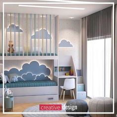 a child's bedroom with bunk beds and clouds on the wall, rugs and curtains