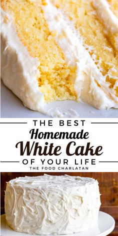 White cake on a white plate with vanilla frosting, with a bite taken out Homemade White Cake Recipe, White Cake From Scratch, Homemade White Cake, Best White Cake, Homemade White Cakes, Moist White Cake, The Food Charlatan, Cake From Scratch, White Cake Recipe