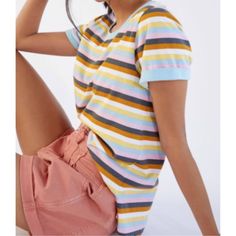 T.La By Anthropologie Ringer Striped Knit Tee In Brand New With Tags Condition. Never Worn. No Defects Or Imperfections. Rare And No Longer Sold Online, This Top Is A Closet Staple And Can Be Worn In So Many Ways. Scoop Neck Style. Neutral Motif/Multicolored Stripes Colored. Retro Neutral Aesthetic, So Pretty And Cute. Flutter Style Short Sleeve. Lightweight And Perfect For Summer. Side Slots, Front Slightly Longer Than Back. 100% Cotton. Machine Washable. Smoke Free Home. Size Small. Pit To Pit Casual Multicolor Knit Top For Day Out, Trendy Multicolor Cotton Knit Top, Everyday Multicolor Crew Neck Top, Multicolor Crew Neck Top For Everyday, Casual Striped Cotton Knit Top, Casual Multicolor Short Sleeve Knit Top, Blue Knit T-shirt For Spring, Multicolor Cotton T-shirt For Day Out, Trendy Striped Cotton Knit Top