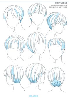 an anime character's head with different angles and hair colors, including blue streaks