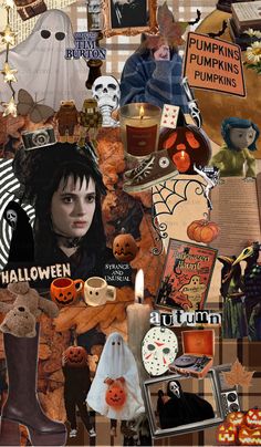 a collage of halloween items including pumpkins, ghost faces and other things in the background