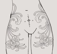 Ornamental Back Tattoo Women Design, Ornamental Hip Tattoos Women, Symmetrical Stomach Tattoo Women, Ornamental Tattoo Thigh, Symmetrical Hip Tattoos Women, Ornamental Thigh Tattoo, Ornamental Hip Tattoo, Ornamental Stomach Tattoo, Stomach Tattoo Women