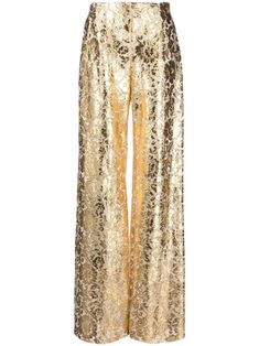 Valentino Ready To Wear gold-tone lace detailing metallic finish semi-sheer construction high-waisted two side slash pockets wide leg Valentino Ready To Wear, Bags Pink, Pink Gowns, Metal Lace, Curator Style, Wide Leg Trousers, Clothing For Women, High Waisted Pants, Valentino Garavani