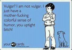 Vulgar? I am not vulgar. I just have a mother-fucking colorful sense of humor.. #ecards Same Day Birthday Quotes, Vulgar Humor, Laughter The Best Medicine, Sick Humor, Funny Confessions, Potty Mouth, Sassy Quotes, Funny Picture Quotes, Funny As Hell