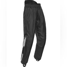 a pair of black rain pants on a white background