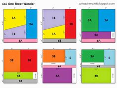 four different colored squares with numbers on each side and the same color area for each one