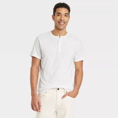 Men's Short Sleeve Henley T-shirt - Goodfellow & Co™ White M : Target White Cotton T-shirt With Henley Neckline, White Relaxed Fit Cotton Henley, White Cotton Henley With Henley Neckline, White Crew Neck Henley For Everyday, White Cotton Henley For Spring, Spring White Cotton Henley, White Casual Henley For Spring, Casual White Henley For Spring, White Cotton Henley For Summer