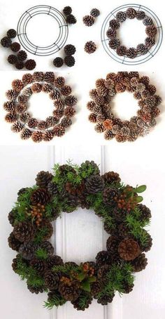 pinecone wreaths are hung on the front door