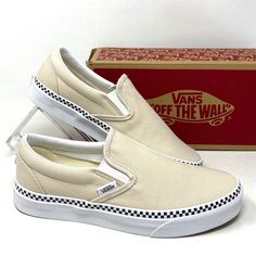 Vans Classic Slip On Checkboard Beige Canvas Women's Size Sneakers Vn0a5ao8djr Brand New With Box. 100% Authentic! First Introduced In 1977, The Vans #98now Known As The Classic Slip-Oninstantly Became An Icon In Southern California. Fast Forward To Today, And The Classic Slip-On Is Known Worldwide For Its Comfortable Silhouette, Easy Wearability, And Beloved Design. Made With Sturdy Low Profile Canvas Uppers, The Classic Slip-On Is An Everyday Essential With True “Off The Wall” Style. This Icon Vans Cream Low-top Sneakers, Cream Low-top Vans Sneakers, Vans Cream Sneakers With Rubber Sole, White Canvas Vans Slip-on Sneakers, Vans White Canvas Slip-on Sneakers, Classic Cream Vans Sneakers, Cream Canvas Slip-on Sneakers, Vans Beige Sneakers For Streetwear, Cream Slip-on Canvas Shoes With Rubber Sole