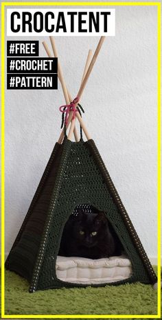 a black cat sitting in a teepee with the text crochet free crochet pattern