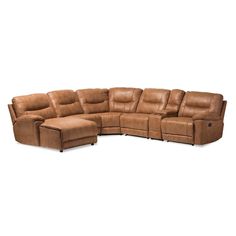 a brown leather sectional sofa with recliners on the bottom and one arm extended