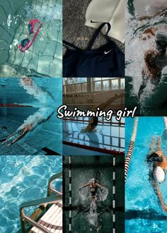 the collage shows people swimming in and out of an indoor swimming pool with water