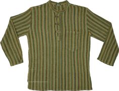 Striped Chalet Green Bohemian Shirt Top that works equally well for Men and Women. A smart and casual kurta-like striped tunic shirt features a soothing green color with stripes in brown and maroon. #tlb #vacationclothing #Fall #Striped #bohemianfashion #Indian #IndianKurta Casual Long Sleeve Kurta With Relaxed Fit, Casual Long Sleeve Relaxed Fit Kurta, Green Casual Summer Kurta, Casual Long Sleeve Yarn-dyed Top, Casual Green Kurta For Spring, Green Long Sleeve Cotton Kurta, Green Horizontal Stripe Summer Top, Bohemian Shirt, Green Tunic