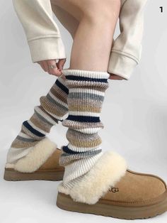 Wrap your legs in warmth and style with these knit leg warmers, perfect for autumn and winter wardrobe. These leg warmers feature a classic striped pattern that adds a touch of retro flair to any outfit. Winter Striped Socks, Striped Knee-high Winter Socks, Knee-high Striped Winter Socks, Warm Fall Socks, Casual Striped Leg Warmers For Fall, Casual Striped Leg Warmers For Winter, Brown Ribbed Winter Socks, Comfortable Beige Leg Warmers For Winter, Cozy Ribbed Winter Socks