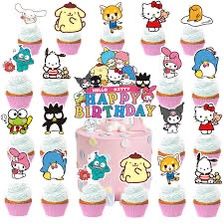 a birthday cake surrounded by cupcakes with cartoon characters on it