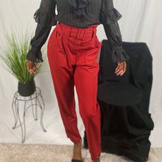 Model Is Wearing A Size S. Red High Waist Bottoms For Going Out, Trendy Red Pants For Night Out, Chic Red Bottoms For Going Out, Chic Red Pants For Fall, Burgundy Pants With Pockets For Fall, Chic Burgundy Pants For Fall, Solid Color Paperbag Waist Pants For Fall, Red Pants For Night Out In Fall, Chic Burgundy Pants For Party