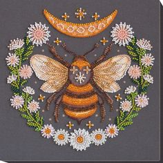 a cross stitch bee with flowers around it and the moon in the sky behind it