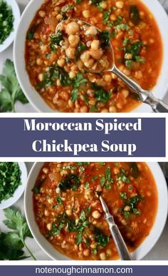 two bowls of moroccan spiced chickpea soup