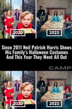 three pictures of children in halloween costumes with the caption since 2011 neil patrick harris shows his family's halloween costumes and this year they went all out