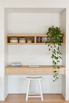 a plant is growing on the wall above a desk with a book shelf and stool