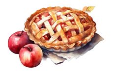 watercolor painting of an apple pie and two apples