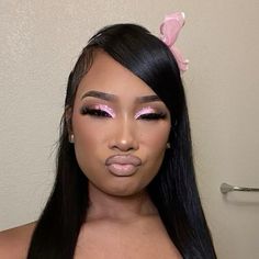 Eye Makeup For Pink Hair, Big Latto Makeup Looks, Soft Pink Makeup Looks Black Women, Pink Glam Makeup Looks, Cute Eyeshadow Ideas, Pink Prom Makeup, Makeup Inspo Glam, Bday Makeup, Pink Makeup Looks