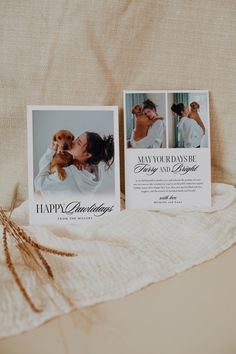 two cards that say happy birthday and have pictures of the same person kissing their dog