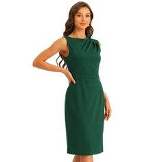 This dress is made up of several design points: sleeveless, knee length, concealed back zip, pleated front tops, sheath dress. Suit for summer and for many occasions, such as business outfit, work office style, wedding guest, cocktail party. Pair it with the black heels for many occasions. MODEL SHOW: Regular Fit. Wear in size XS. Size----------Total Length----------Shoulder Width----------Chest Girth----------Waist Girth----------Hip Girth XS----------------40.3---------------13.8-------------- Elegant Work Dress, Style Wedding Guest, Suit For Summer, Outfit Work, Wrap Dress Short, Work Dresses For Women, Long Sleeve Knit Dress, Printed Bodycon Dress, Dress Suit