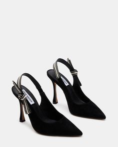 BRI Black Suede Slingback Pump Heel | Women's Heels – Steve Madden Wedding Guest Heels, Black Slingback Heels, Formal Heels, Steve Madden Store, Chic Heels, Pointed Heels, Slingback Heel, Stiletto Pumps, 4 Inch Heels