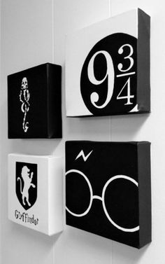 three black and white wall hangings with harry potter symbols on them, each featuring the number nine