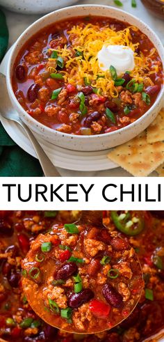 turkey chili in a white bowl with tortilla chips