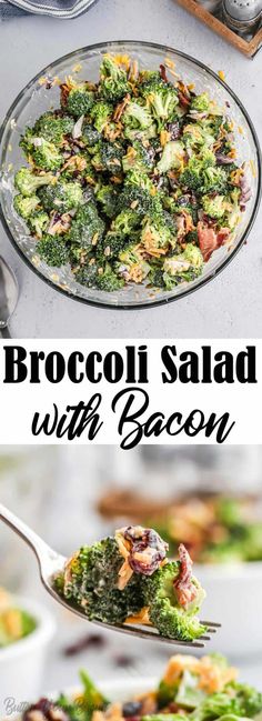 broccoli salad with bacon in a glass bowl and on a plate, ready to be eaten