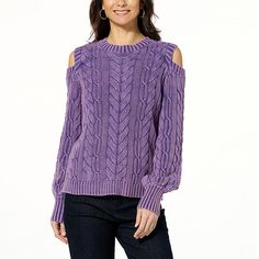 DG2 by Diane Gilman Vintage Wash Cotton Cold Shoulder Sweater  Warm up to the cozy stylings of DG2's cold-shoulder sweater. Soft cable knit and cool shoulder cutouts make this look a perfect winter-to-spring and fall-to-winter transitional piece. Casual Cold Shoulder Spring Sweater, Purple Cable Knit Top For Fall, Casual Cold Shoulder Sweater For Winter, Casual Cold Shoulder Winter Sweater, Trim Styles, Cold Shoulder Sweater, Draped Fabric, Green Sweater, Shoulder Sweater