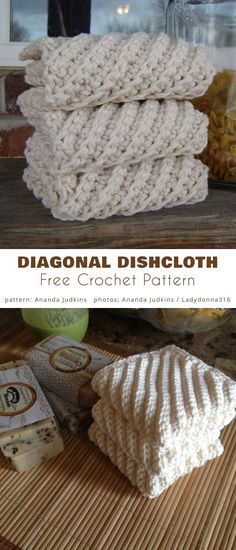 two pictures showing different types of dishcloths on a table with text overlay that reads, diagonal dishcloth free crochet pattern