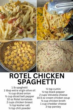 Rotel Chicken Spaghetti in a creamy, cheesy sauce with chunks of Velveeta, chicken, and Rotel tomatoes. Photos show the preparation steps and final dish topped with melted cheddar cheese and parsley. Recipe ingredients are listed below in bold text.