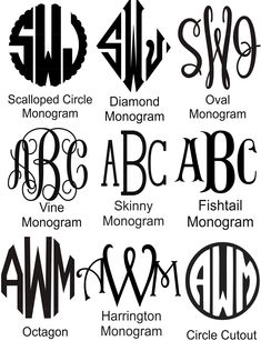 the different types of monograms are shown in black and white, as well as letters