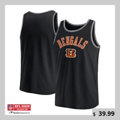 Stay comfortable during hotter weather when you put on this Cincinnati Bengals Bet tank top. Constructed by Fanatics Branded, this tank features incredible Cincinnati Bengals graphics printed across the chest. The soft fabric and sleeveless construction will ensure you can beat the heat. Sports Tank Top With Graphic Print, Black Sleeveless Top With Letter Print, Stretch Sleeveless Activewear With Letter Print, Moisture-wicking Cotton Tank Top, Black Cotton Vest With Letter Print, Summer Sports Tank Top With Letter Print, Black Sleeveless Activewear With Letter Print, Black Sleeveless Activewear With Graphic Print, Sleeveless Graphic Gym Tops