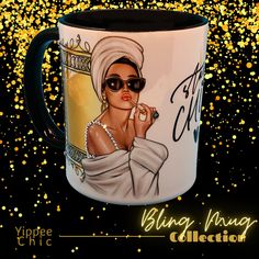 a coffee mug with an image of a woman wearing sunglasses and a turban