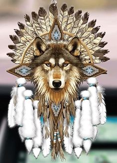 an image of a wolf with feathers on it's head