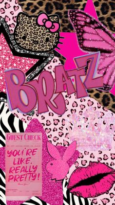 the word bratz is surrounded by pink and black leopard print, butterflies, and hearts